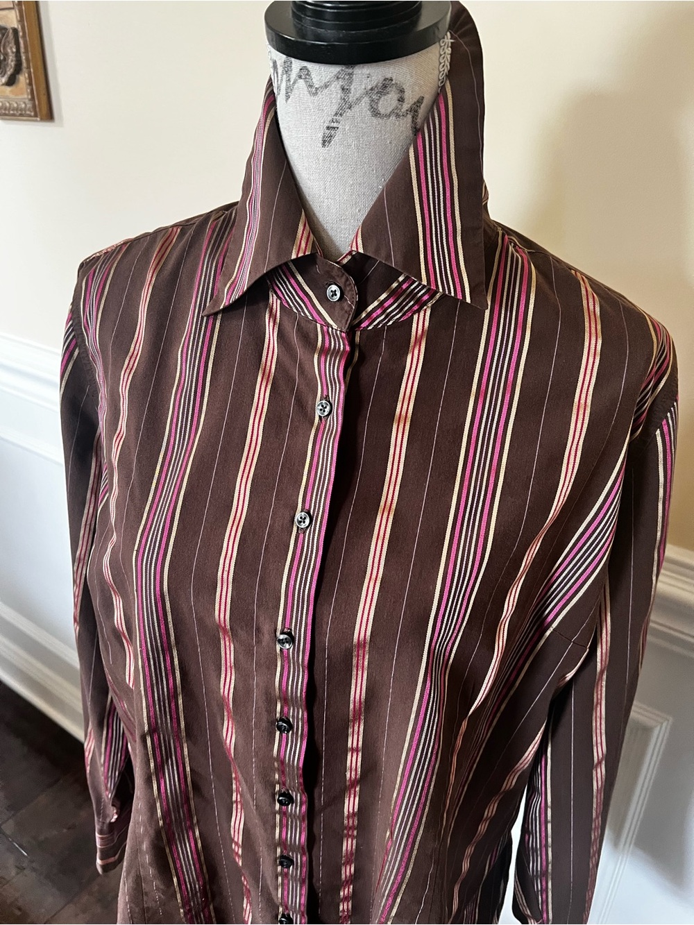 Multi-Color Brown, Tan & Pink Vertical Pin Stripped Button Up Classic Shirt.